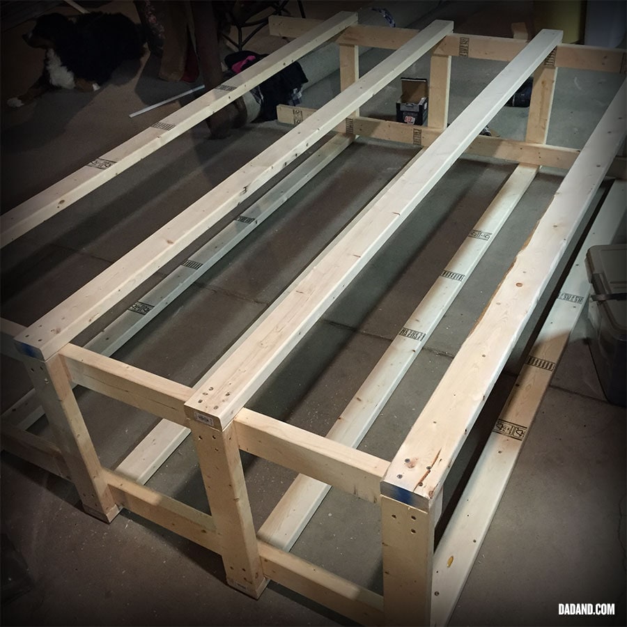 Partial assembly of Freestanding DIY 2x4 shelves. Storage shelving for basement, garage, or pantry.