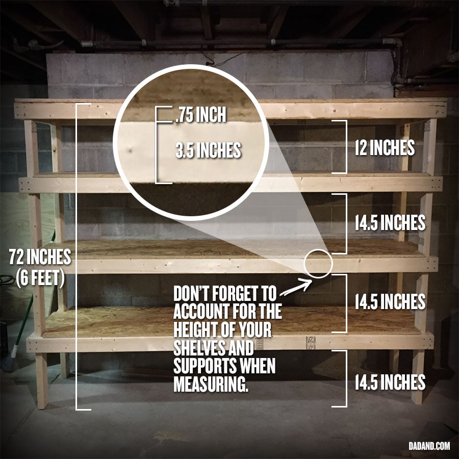 Measurements for freestanding DIY 2x4 shelves. Storage shelving for basement, garage, or pantry.