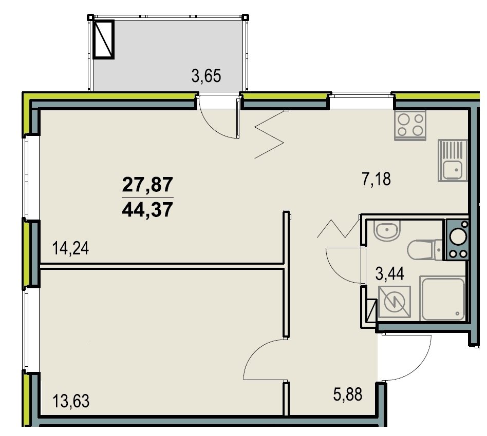 План двухкомнатной квартиры с санузлом совмещенного типа