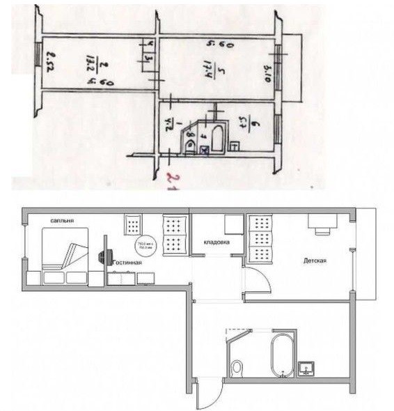 Схема перепланировки 2 комнатной хрущевки в трехкомнатную квартиру