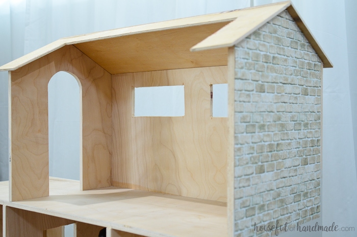 back view of plywood handmade dollhouse