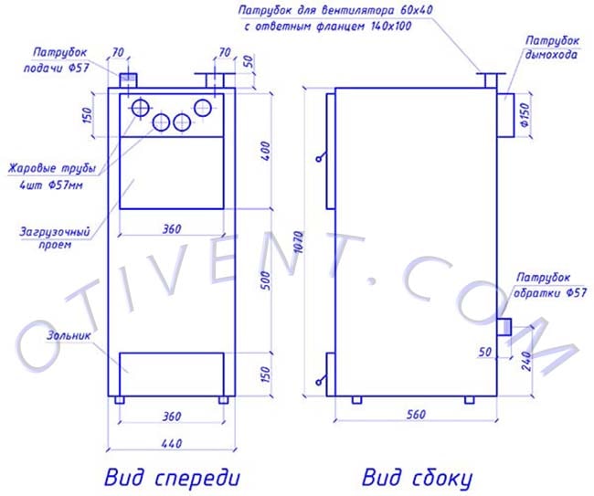 Чертеж традиционного ТТ-котла – передняя и боковая проекция
