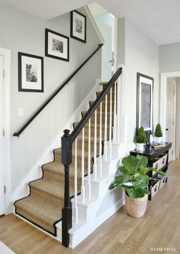 Black and White Painted Staircase with Seagrass Runner