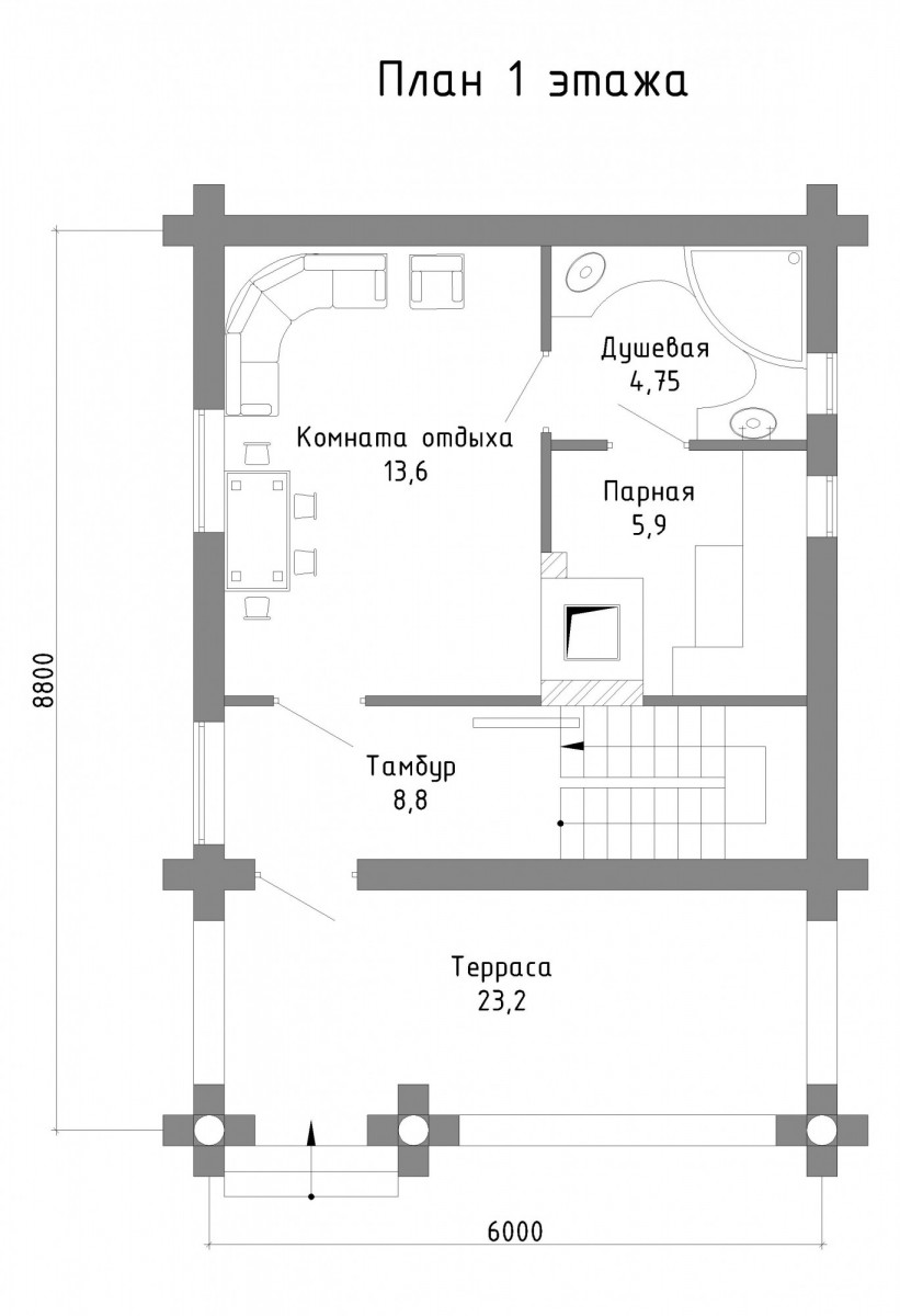 Проект бани с кухней и жилой комнатой и террасой